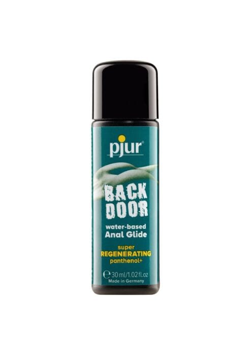Pjur Backdoor Regenerating Anal lubricant bottle, clear liquid for anal use, with safety cap and label, on a white background.