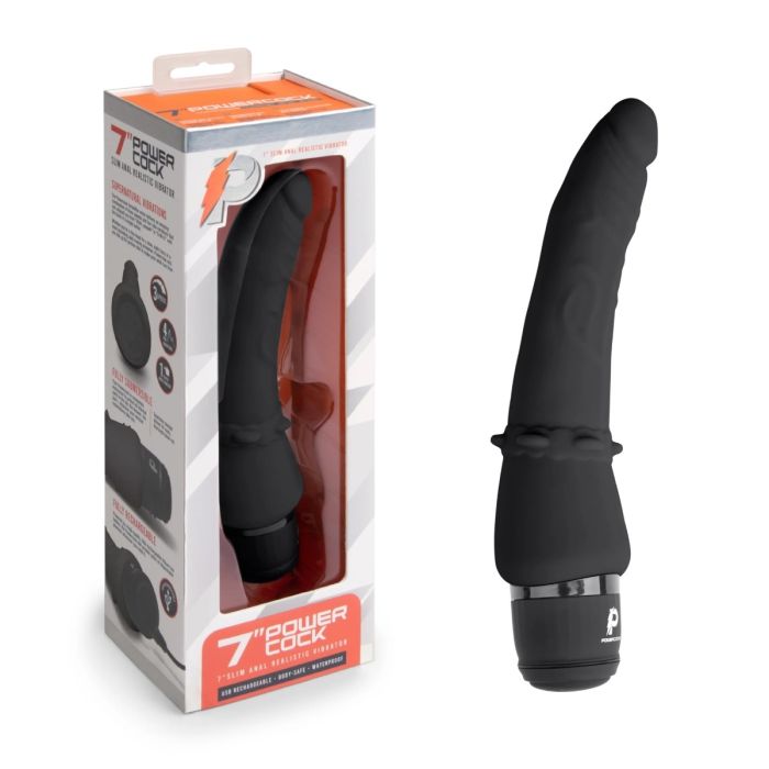 Black Powercocks 7-inch slim realistic vibrating dildo with textured grooves and flexible shaft for enhanced stimulation.