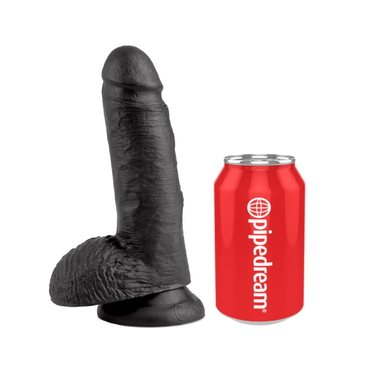 King Cock 7-Inch Cock with Balls next to pipedream can showing size