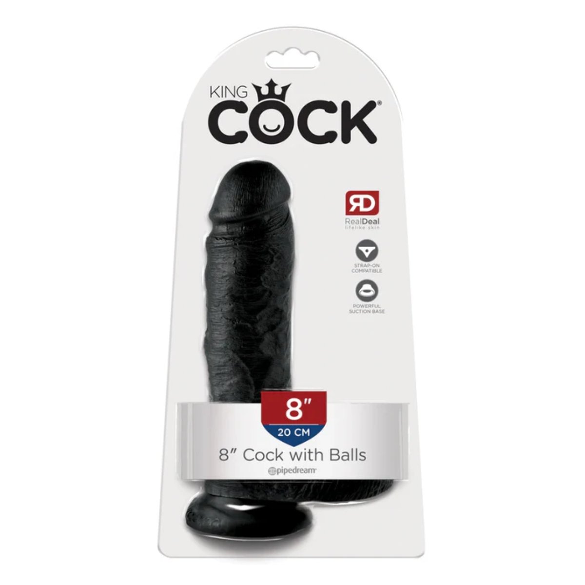 King Cock 8Inch Cock with Balls - Black in a package on a white background