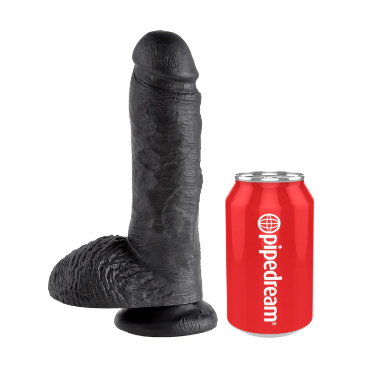 King Cock 8Inch Cock with Balls - Black with a red can next to it