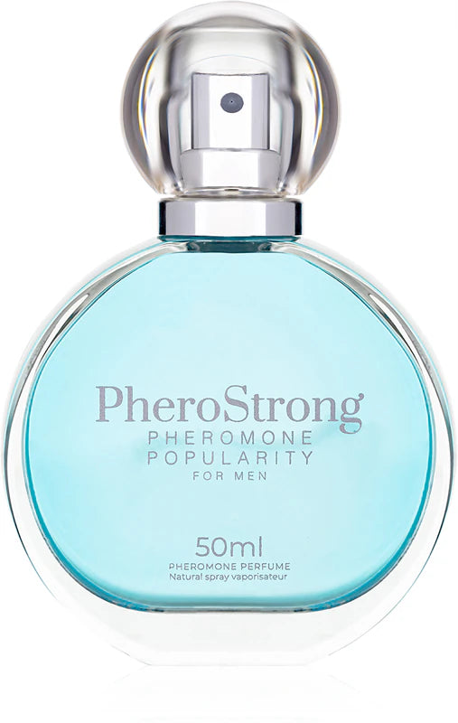 Elegant bottle of PheroStrong Pheromone Popularity for Men featuring a spicy, woody fragrance designed to attract attention and boost confidence.