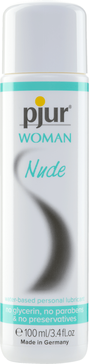 Pjur Woman Nude natural water-based lubricant bottle, transparent packaging, and label showing product details and branding.