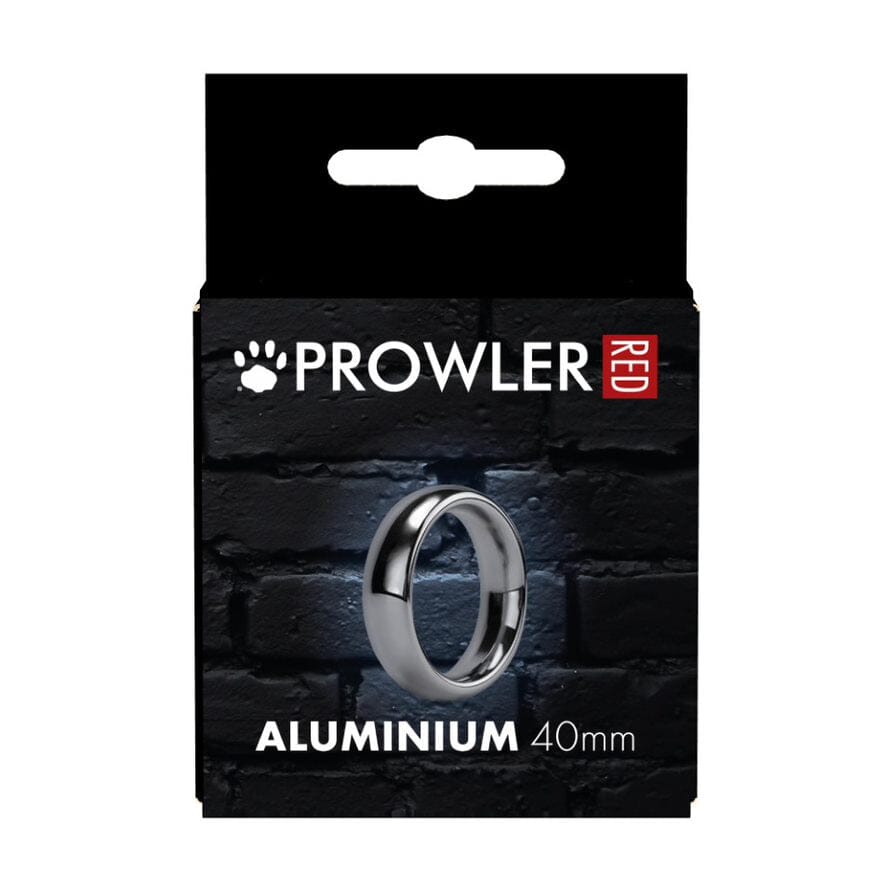 Silver Prowler RED cock ring, 40mm diameter and 17mm depth, made of aluminum, designed for erection enhancement.
