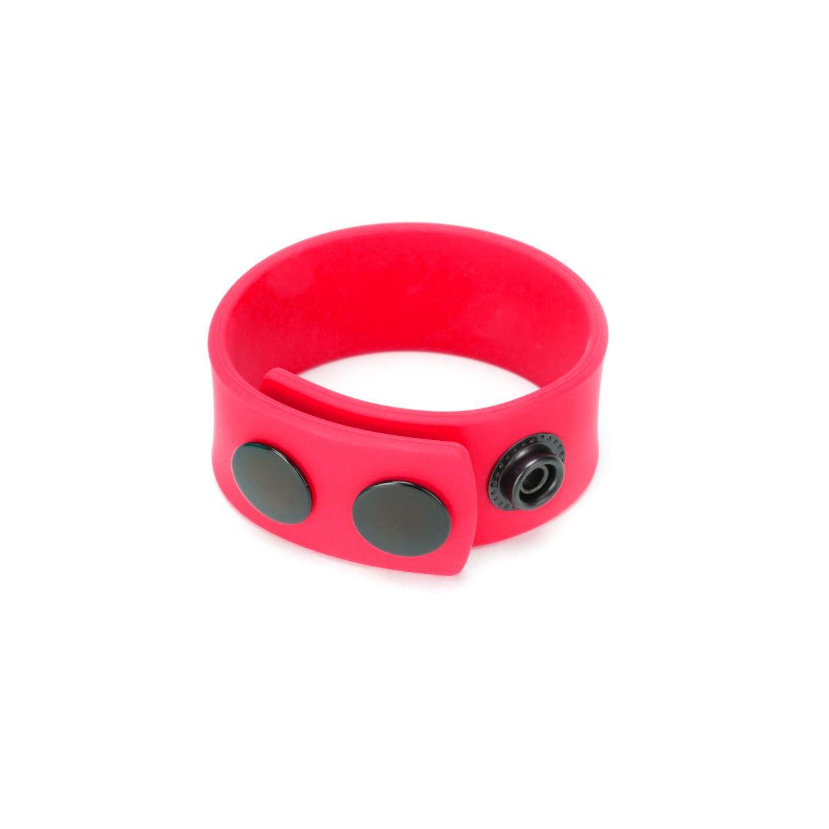 a red bracelet with two black circles on it