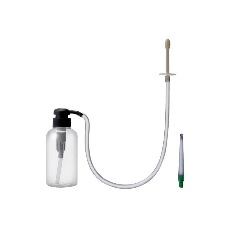 Prowler enema kit with 300mL capacity and two nozzles, designed for douches and enemas, shown with nozzles attached.