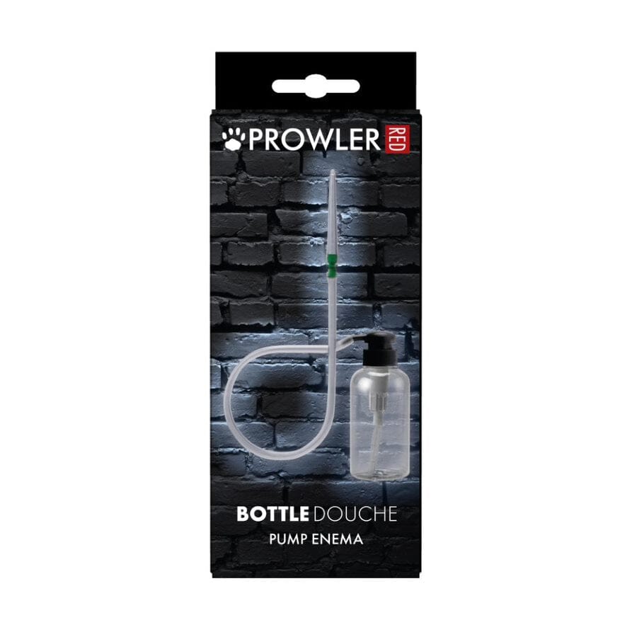 Prowler enema kit with 300mL bottle and two nozzles, used for personal douching and cleansing purposes.