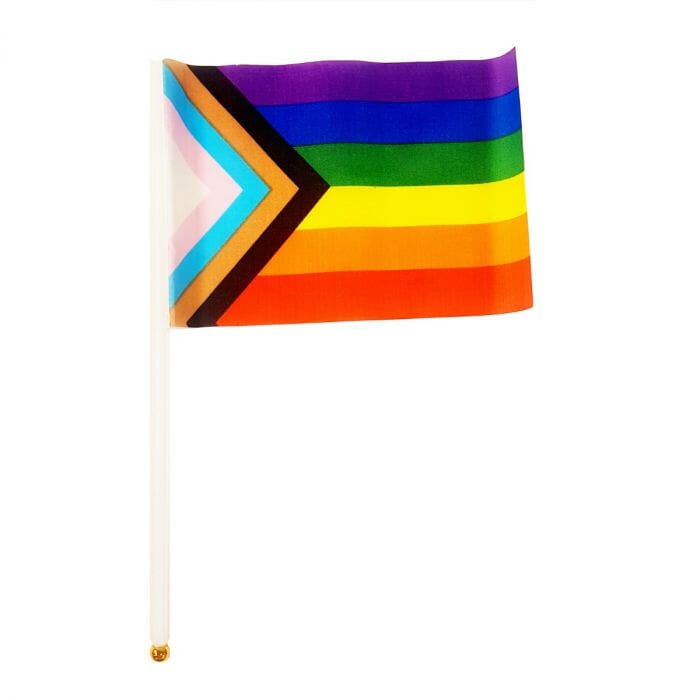 Prowler Pride Flag featuring rainbow colors and pride symbols, displayed outdoors against a blue sky.
