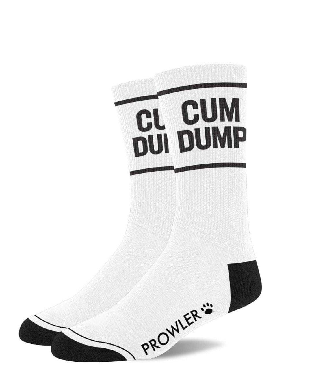 Prowler RED men's cotton blend socks with bold "Cum Dump" statement slogan, featuring black and white design.