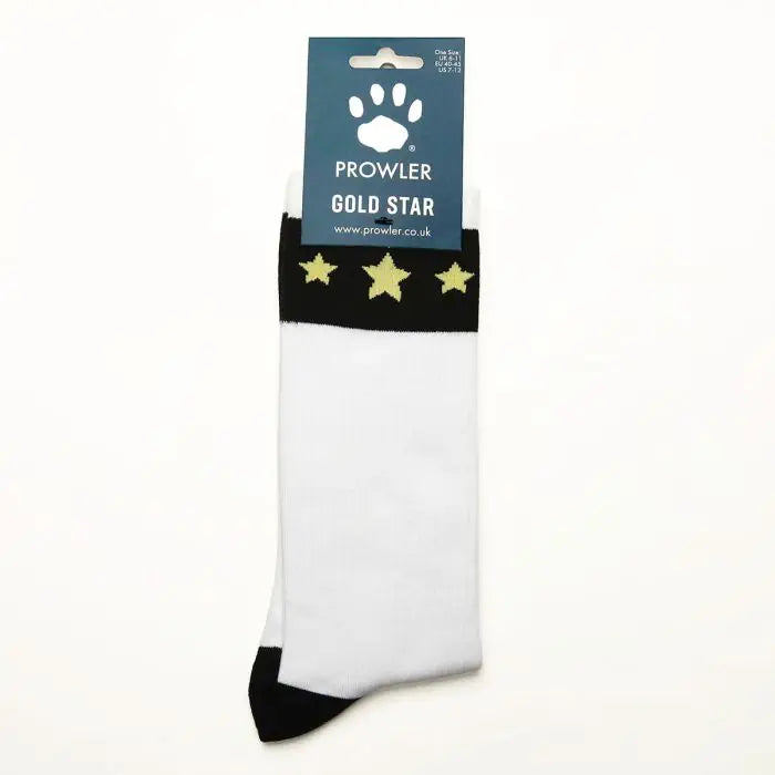 Men's Prowler Gold Star Socks featuring a gold star design on black fabric, made for comfort and style in everyday wear.