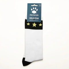 Men's Prowler Gold Star Socks featuring a gold star design on black fabric, made for comfort and style in everyday wear.