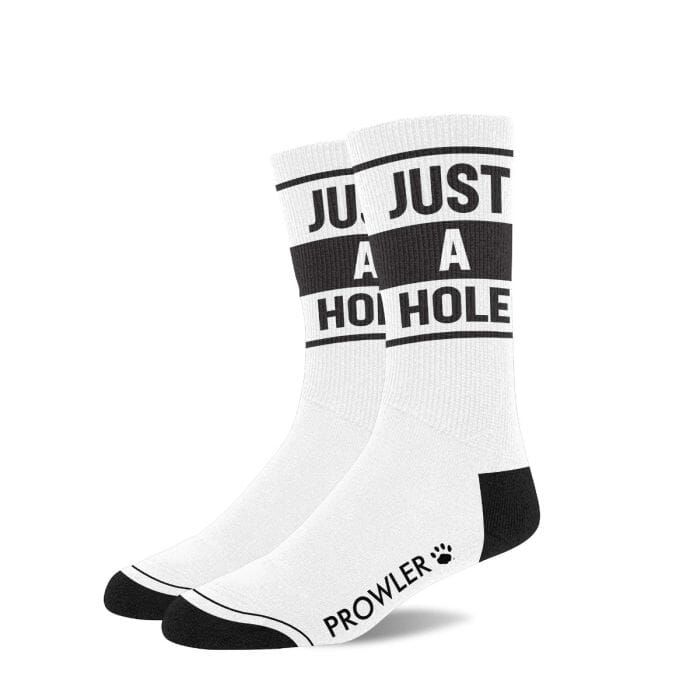 Pair of Prowler RED men's socks with large hole details, showcasing the unique distressed design and comfortable fit.