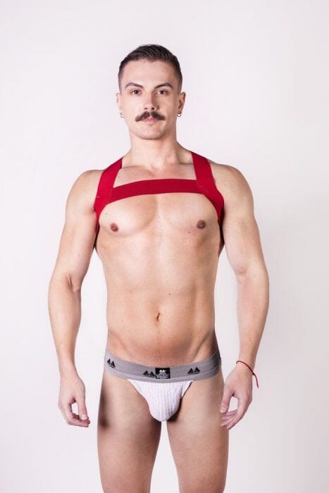 Red Prowler Bulldog Sports Harness for men, featuring adjustable straps and bold design, ideal for fetishwear and costume use.