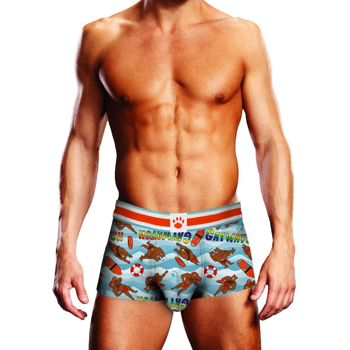 Men's Prowler Gay watch print trunk with bear-themed design, featuring comfortable fabric and vibrant, eye-catching print.