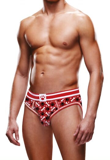 Red Prowler men's backless brief with white paw print design, featuring a sleek, comfortable fit and bold style.