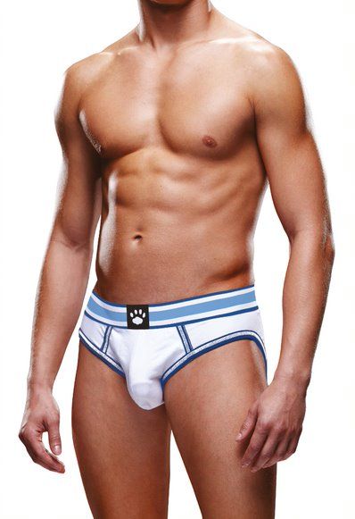 Blue and white Prowler men's backless briefs with a sleek design, showcasing comfortable fit and stylish look.