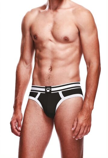 Prowler men's briefs in white and black with a snug fit, featuring a comfortable waistband and classic design.