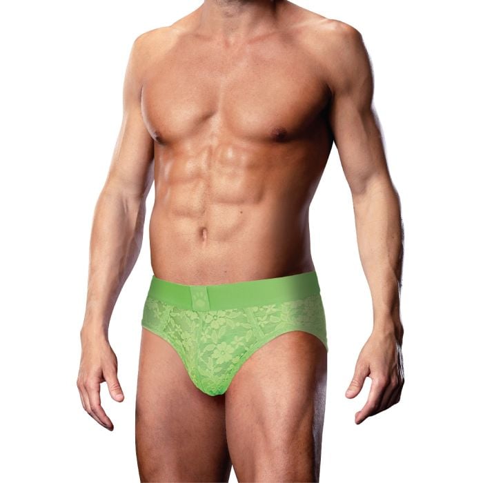 Men's Prowler Vibrant Lace Brief Underwear in neon green, featuring a lace design and jock strap style.