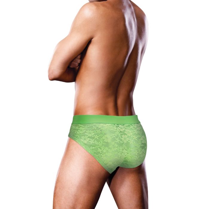 Prowler men's neon green lace brief underwear featuring vibrant lace fabric and jock strap design.