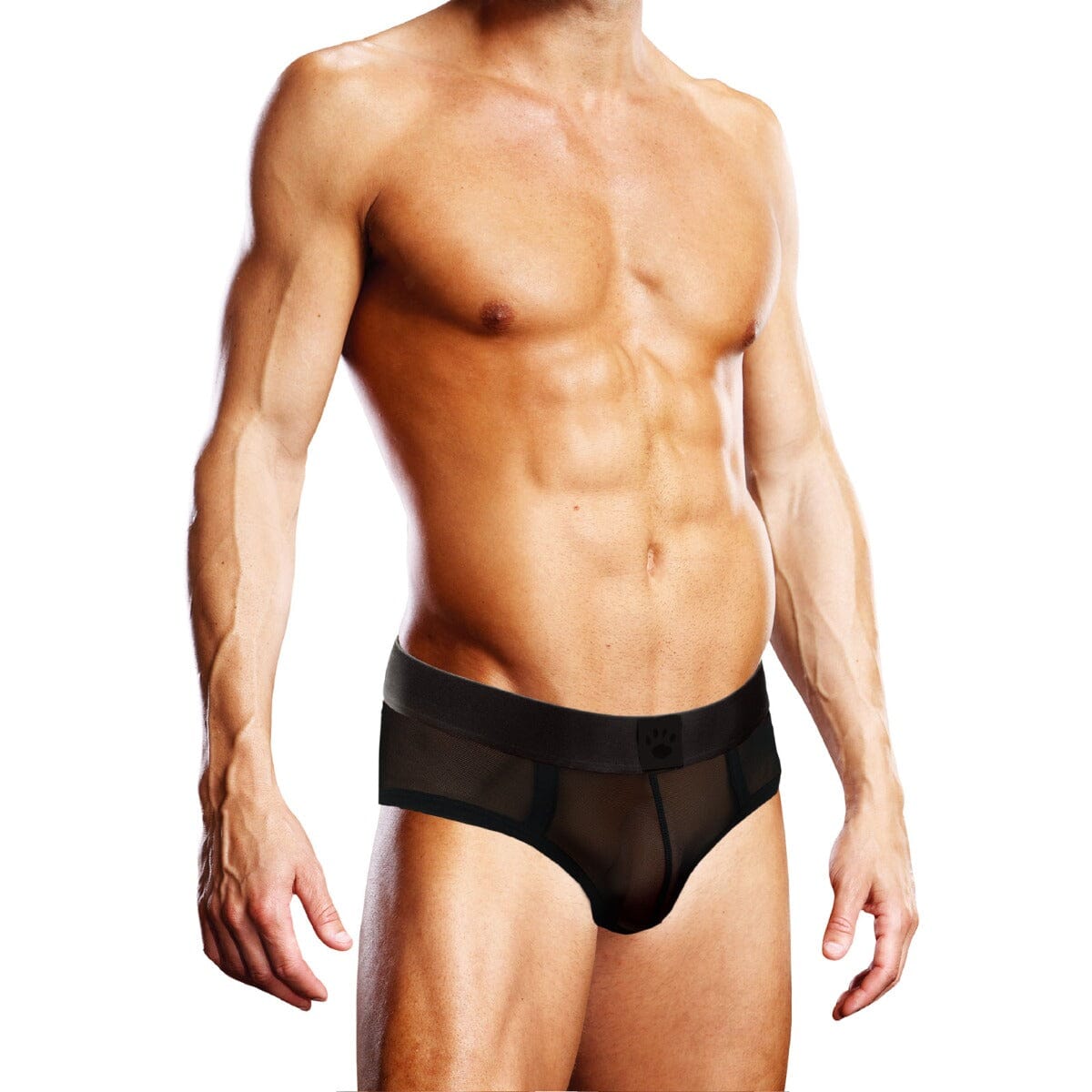 Prowler Mesh Briefs for men, showing a close-up of the breathable black mesh underwear with a snug fit.