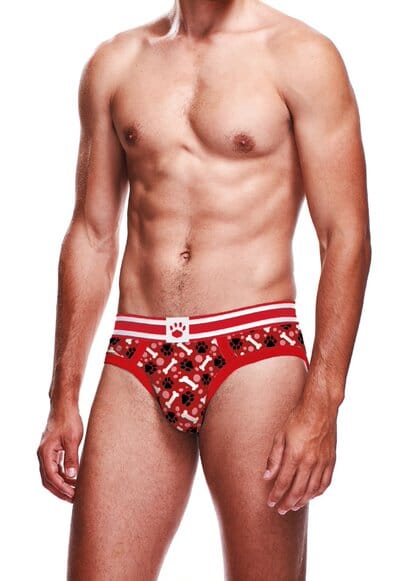 Red Prowler men's briefs with a paw print design, featuring a comfortable waistband and snug fit.