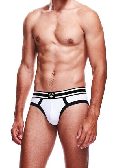 Prowler men's briefs in white and black with a snug fit, featuring a comfortable waistband and sleek design.