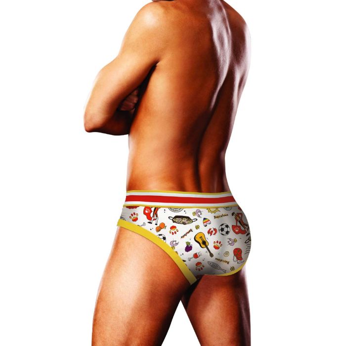 Prowler Barcelona men's briefs in yellow and red with Spanish-themed design, featuring comfortable fit and vibrant colors.