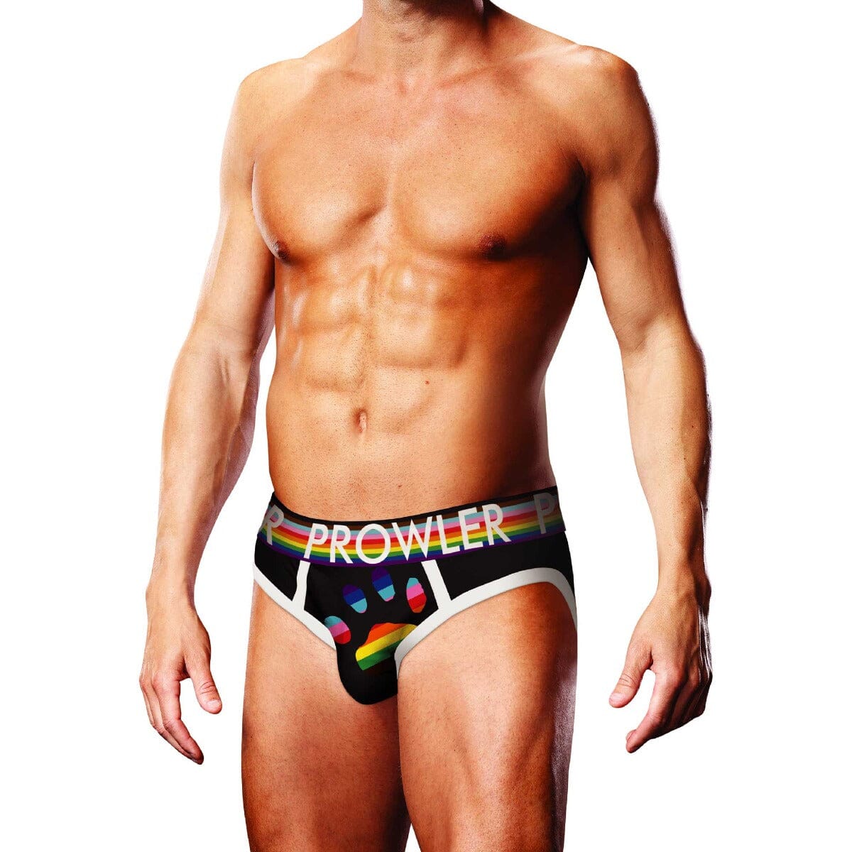 Black oversized men's briefs by Prowler featuring a bold paw print design, made from comfortable fabric.