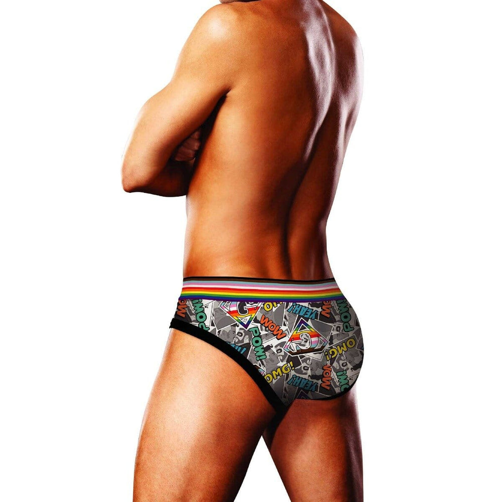 Prowler men's comic book briefs featuring colorful superhero comic strip design on comfortable underwear fabric.