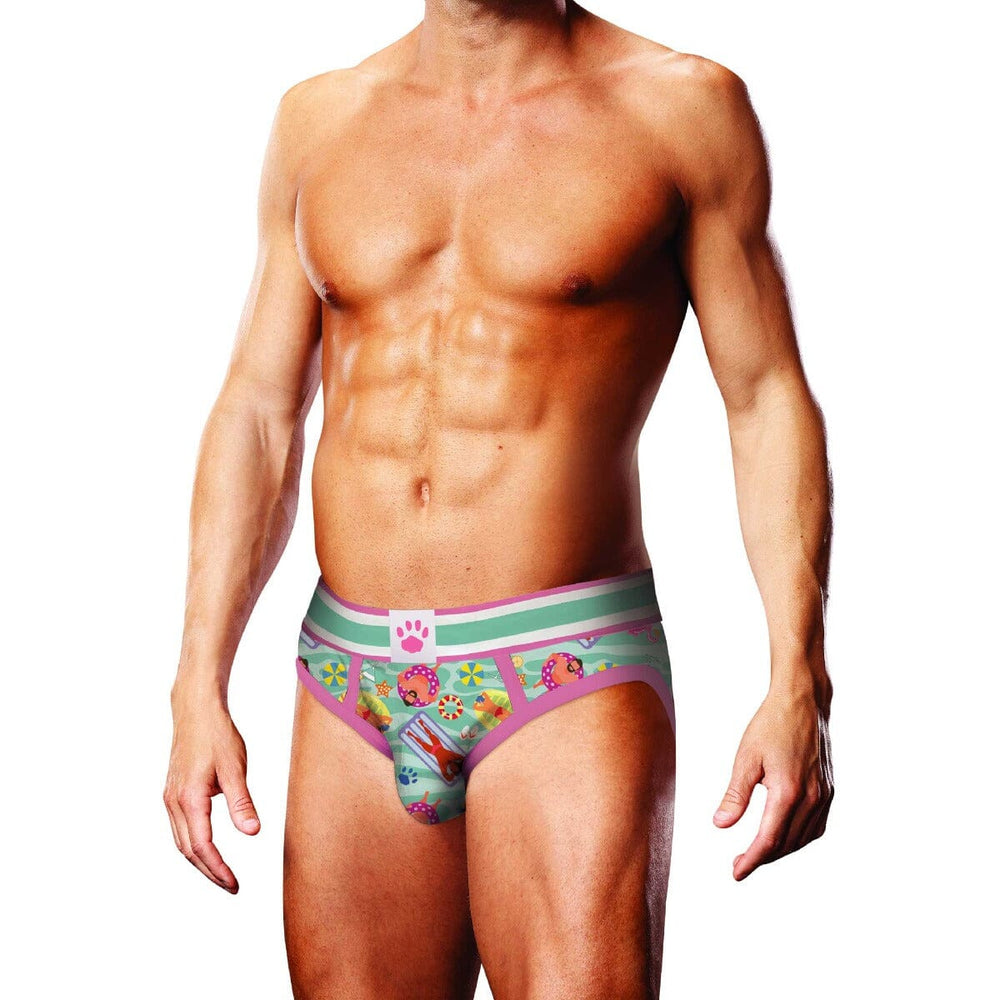 Men's Prowler swimming pattern briefs featuring bold, colorful aquatic designs in a close-up view.