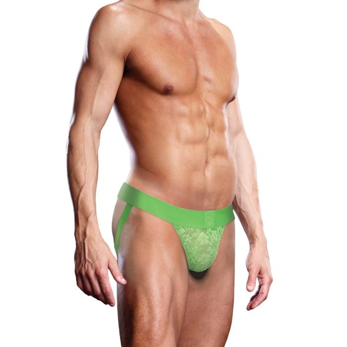 Prowler men's neon lace jock strap in vibrant green, showing the detailed blue lace design and supportive fit.