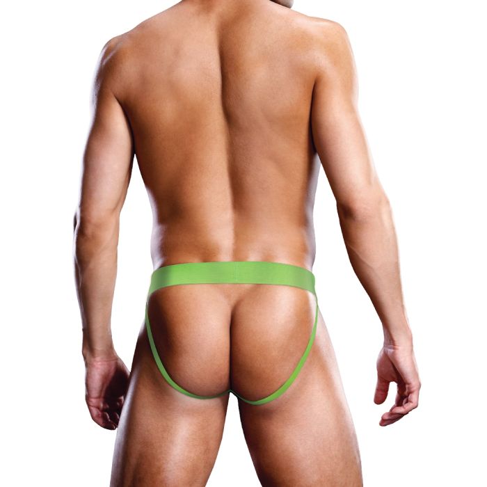 Prowler men's neon lace jock strap in vibrant green with intricate lace design, showcasing the supportive waistband and stylish fit.