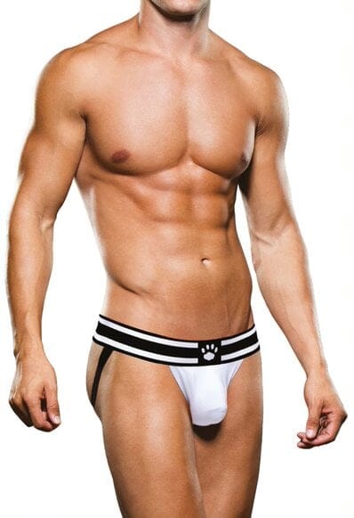 Prowler white men's jock strap with black and white adjustable straps, front view showing supportive design and contrasting colors.