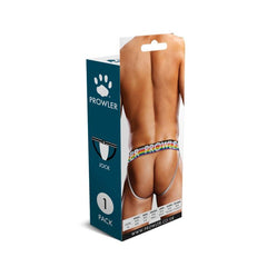 Elegant packaging of Prowler Black Oversized Paw Jock Strap Black featuring back view design, highlighting sizing details. An exquisite jock strap that combines comfort and style.