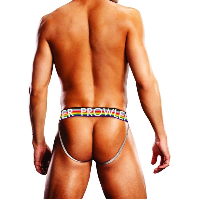 Prowler men's oversized rainbow paw jock strap in black with multicolour rainbow paw design, showcasing the front view.