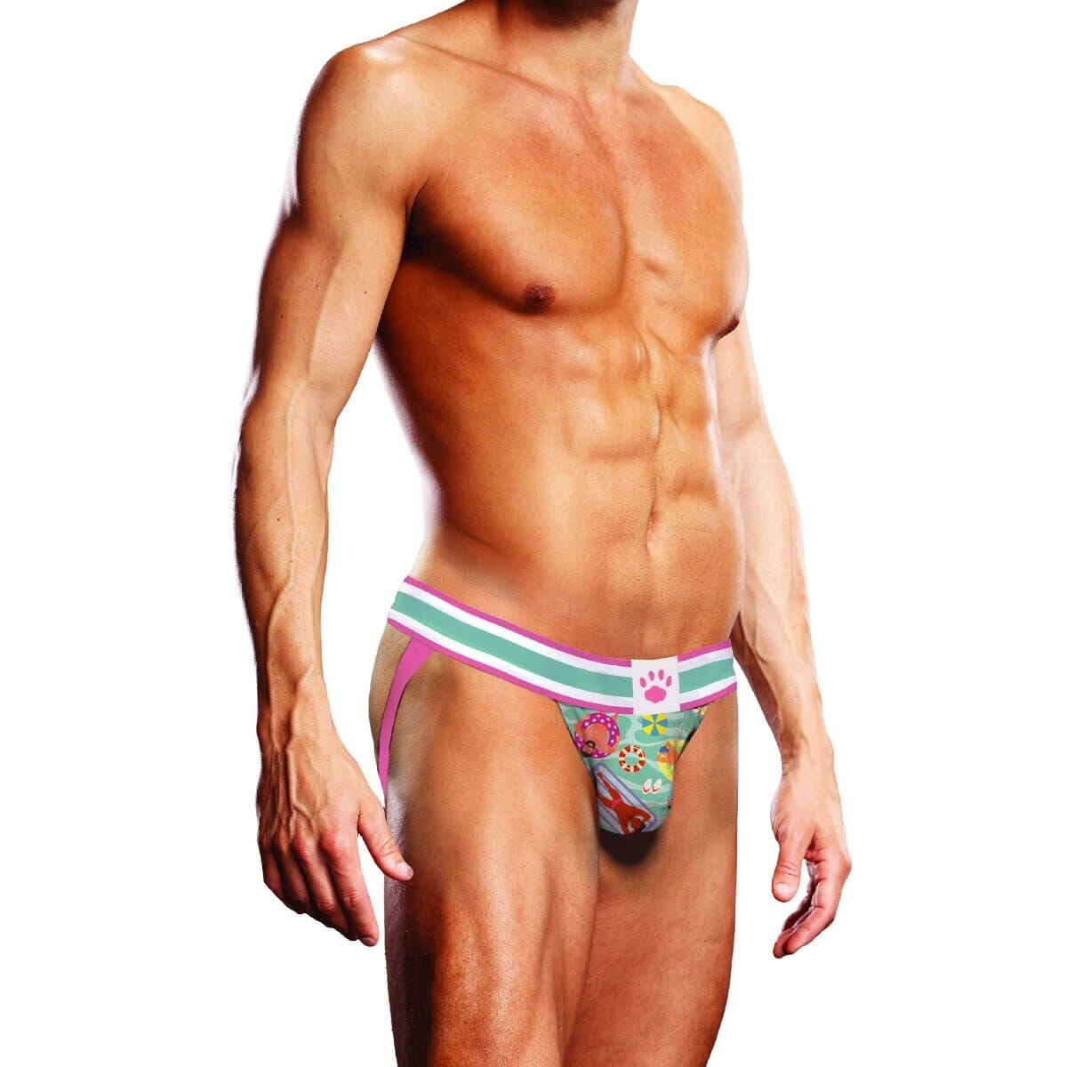 Prowler men's swimming jock strap in green and pink with adjustable straps, designed for comfort and support during swim workouts.