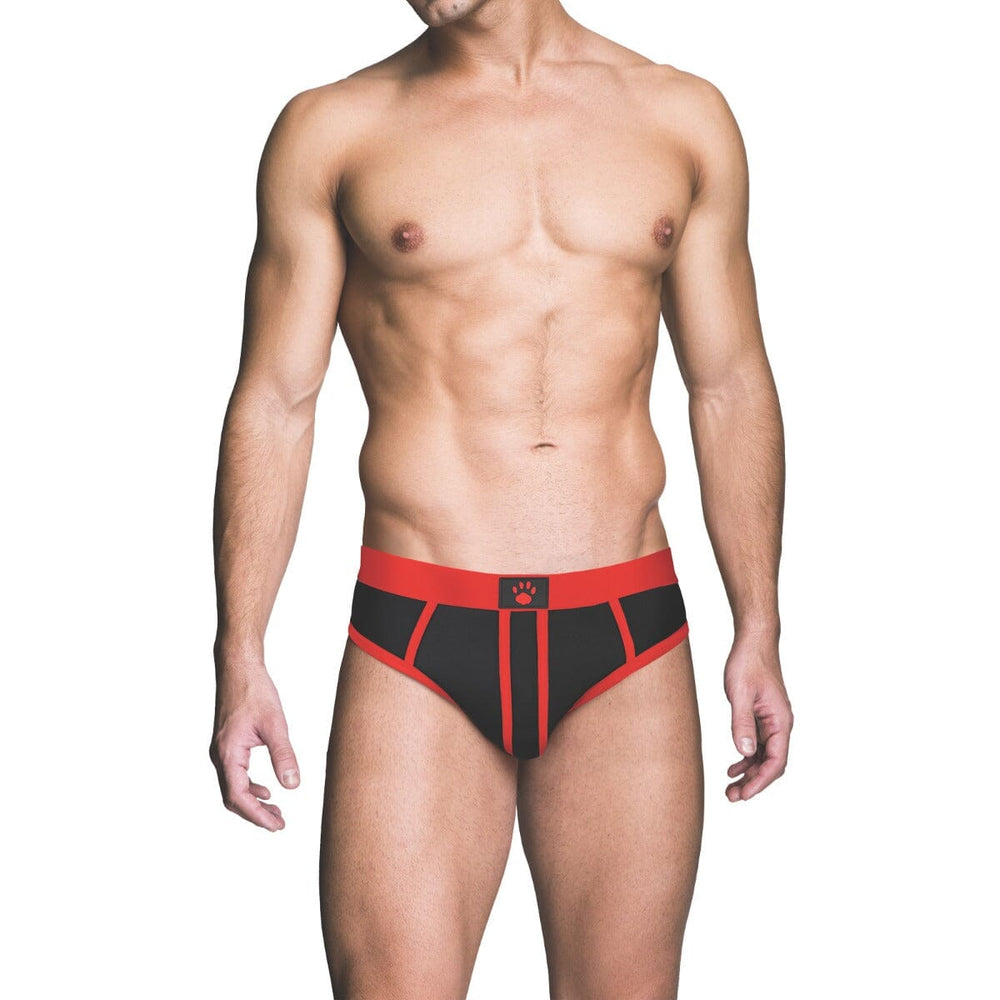 Prowler RED men's briefs with assless design and revealing back detail, showcasing a close-up of the front view.