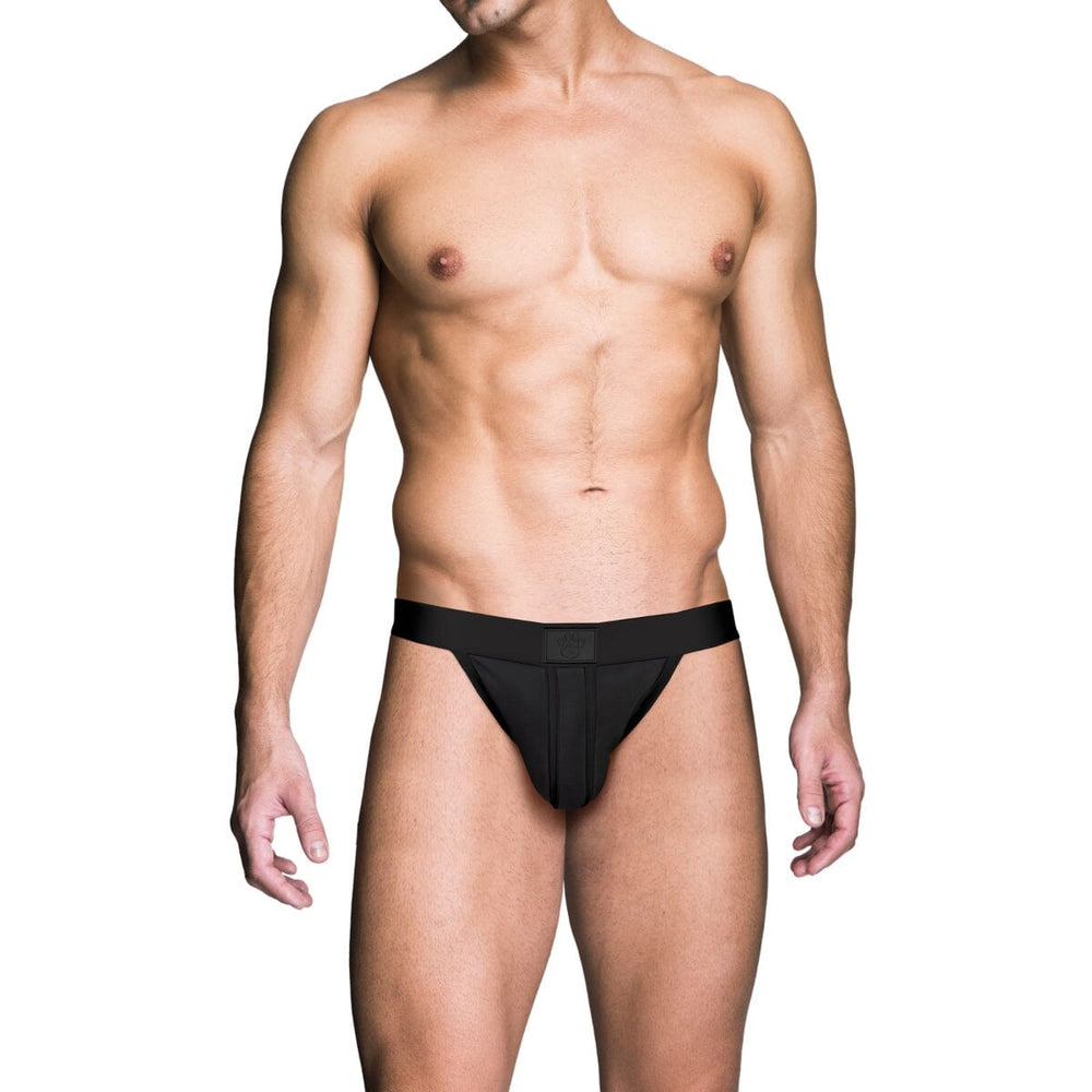 Black Prowler RED men's ass-less jock strap with front view, highlighting its sleek design and supportive fit.