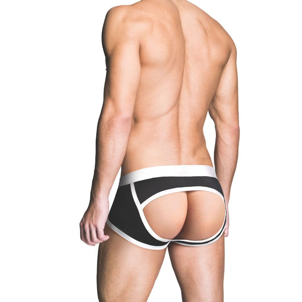Prowler RED men's red ass-less trunk with backless design, white color, and comfortable fit, showcasing the unique backless style.