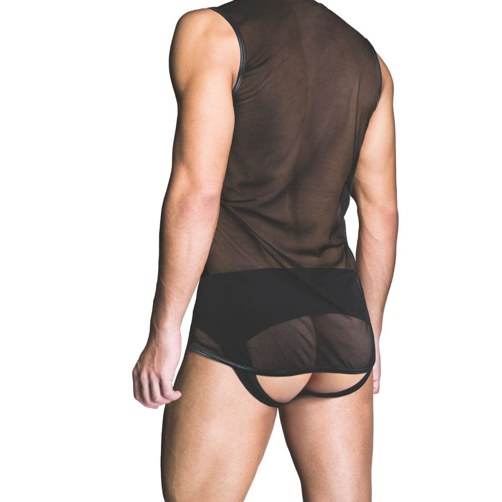 Men's Prowler RED Mesh Vest from the back, showcasing its breathable, open-knit design and adjustable straps in fetishwear style.