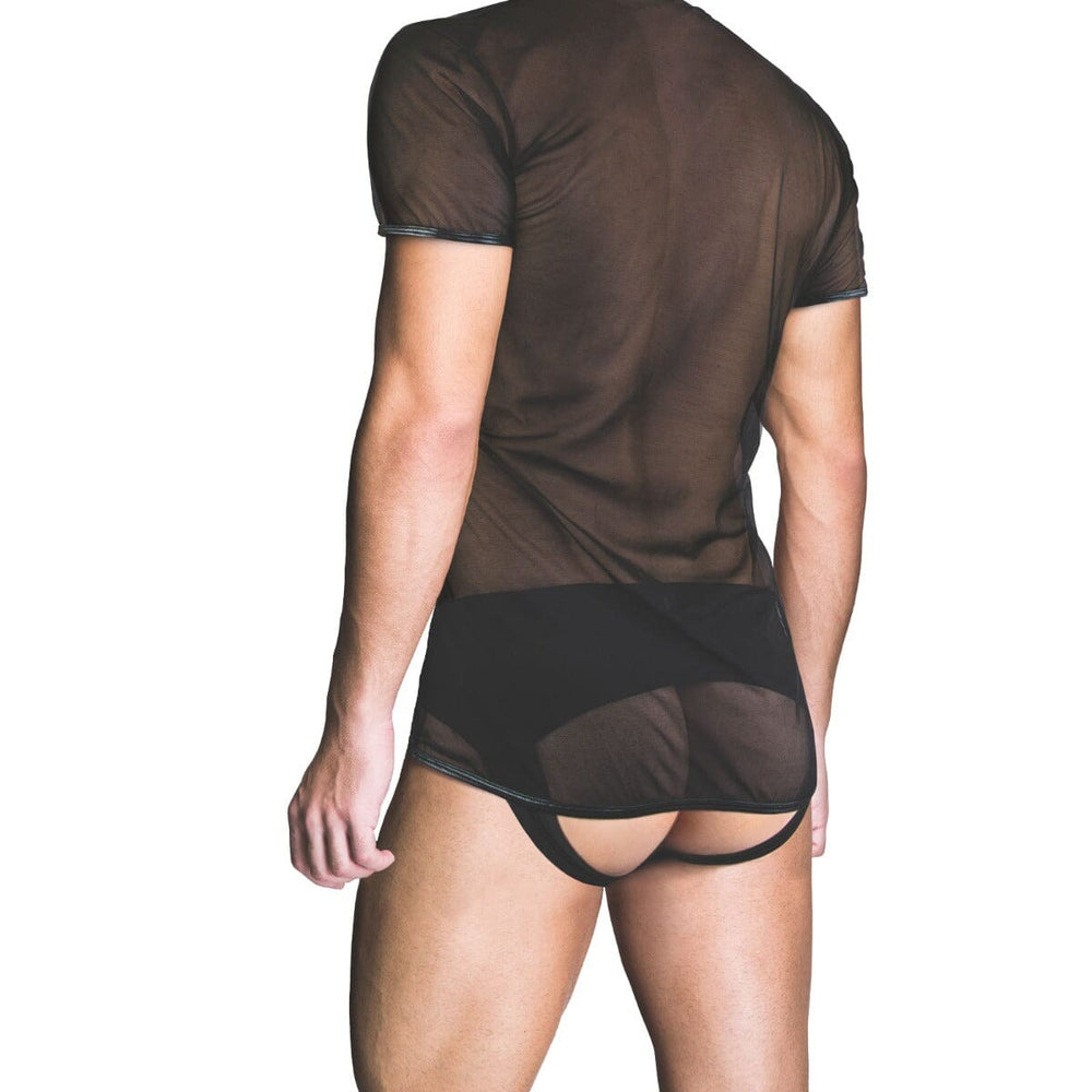 Back view of Prowler RED men's mesh fetish shirt featuring a sleek, see-through design and short sleeves.