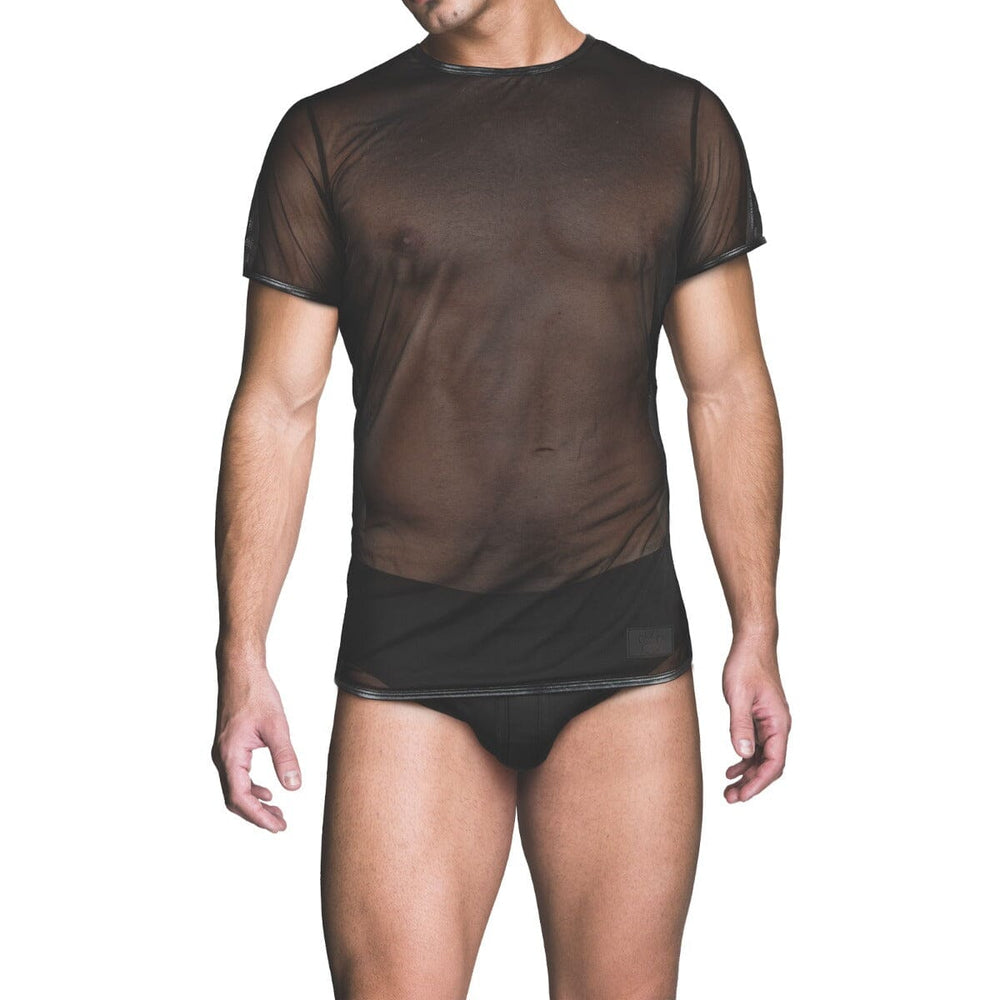 Front view of Prowler RED Men's Mesh Shirt, black fetishwear featuring a see-through mesh design and fitted style.