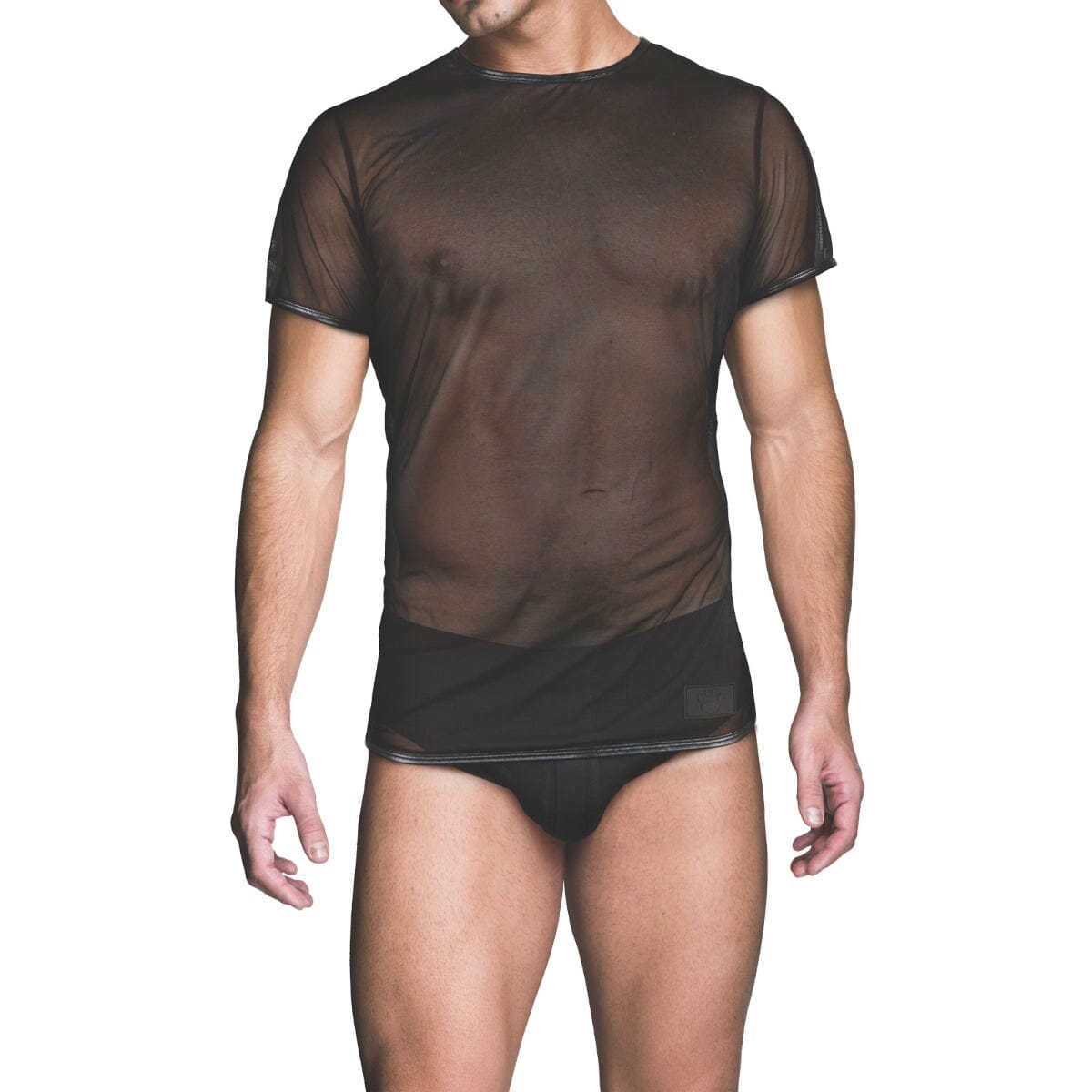 Front view of Prowler RED Men's Mesh Shirt, black fetishwear featuring a see-through mesh design and fitted style.