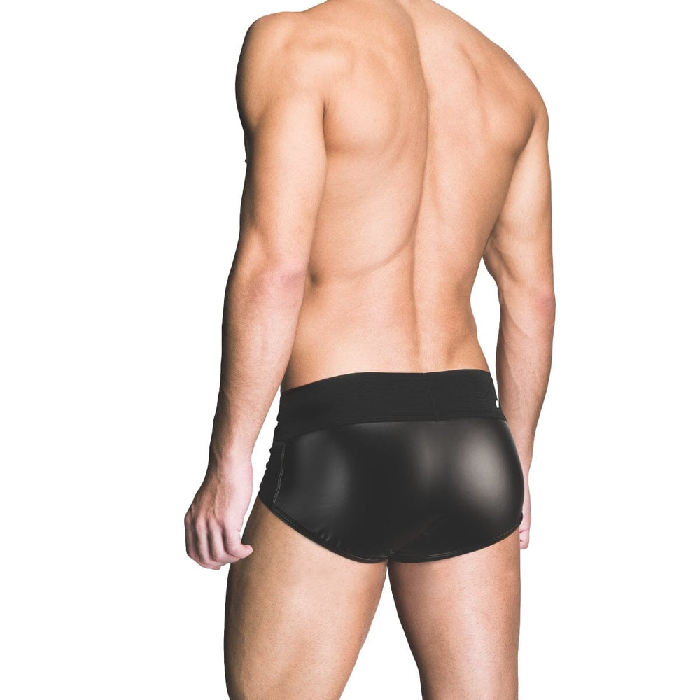 Men's Prowler RED wetlook backless brief with Prowler Paw logo, made of 82% polyester and 18% spandex, shiny red fetishwear.