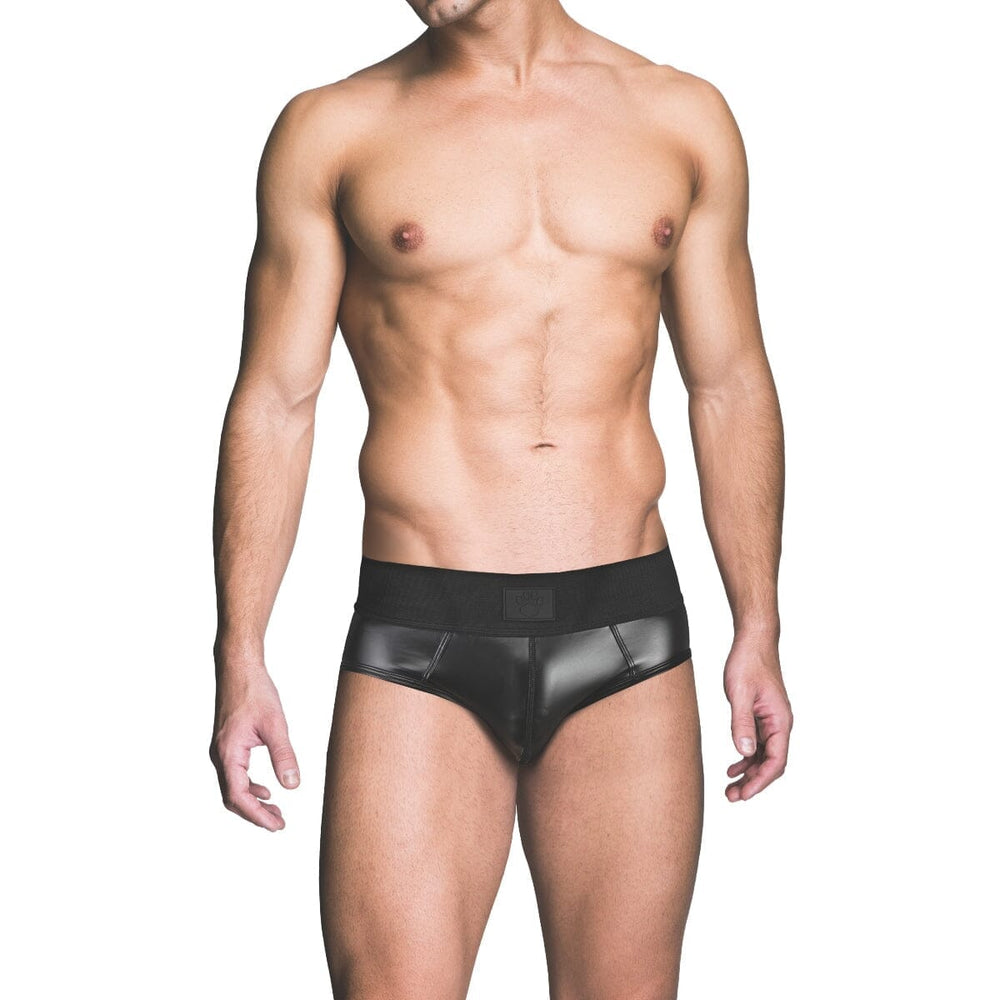 Men's Prowler RED wetlook backless brief with Prowler Paw logo, made of polyester and spandex, front view showing sleek design.