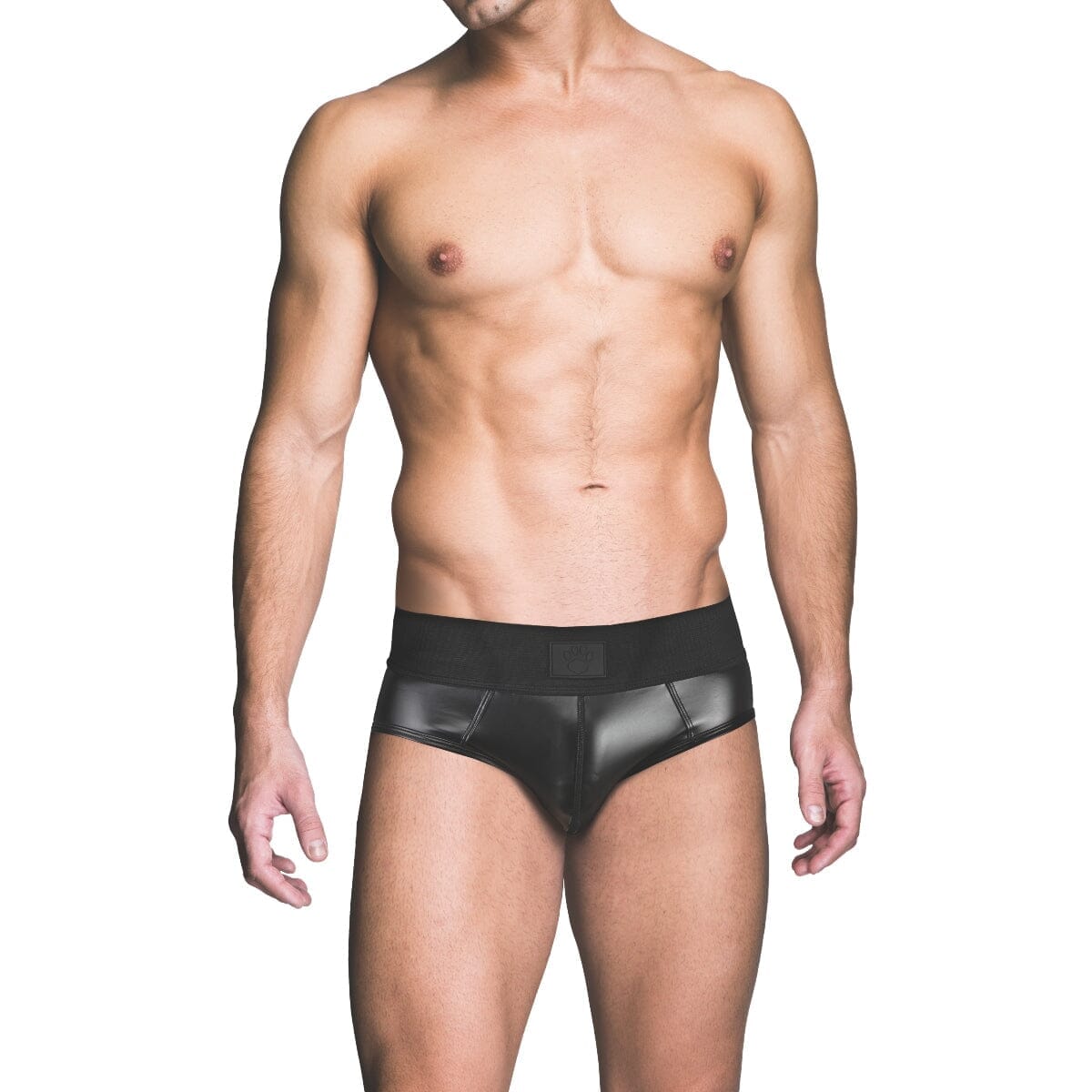Men's Prowler RED wetlook backless brief with Prowler Paw logo, made of polyester and spandex, front view showing sleek design.
