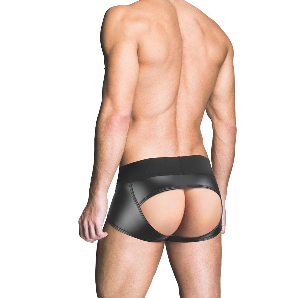 Back view of Prowler RED men's fetishwear wetlook assless trunk, shiny black wetlook fabric, form-fitting and stylish.