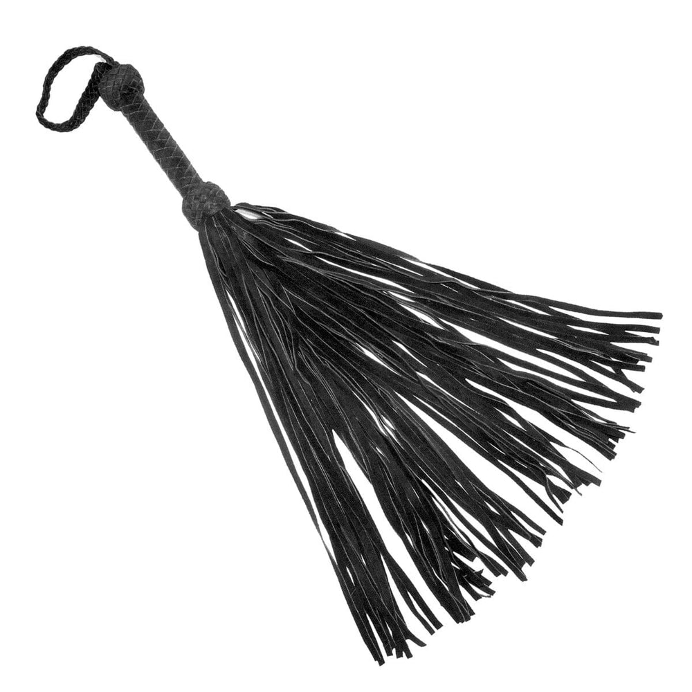 Black or red leather suede flogger with multiple tails, designed for sensory stimulation, by Prowler RED.