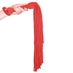 Black and red leather suede flogger by Prowler RED, featuring multiple tails for sensual BDSM play.