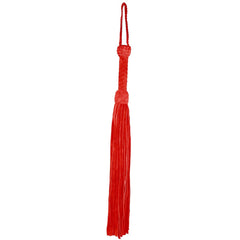 Black leather suede flogger from Prowler RED with multiple tails, designed for sensation play and BDSM activities.